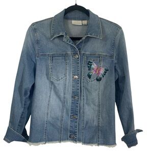 Chico’s Denim Jacket Hand Painted Butterfly Frayed Hem Sz 1 or Medium 8/10
